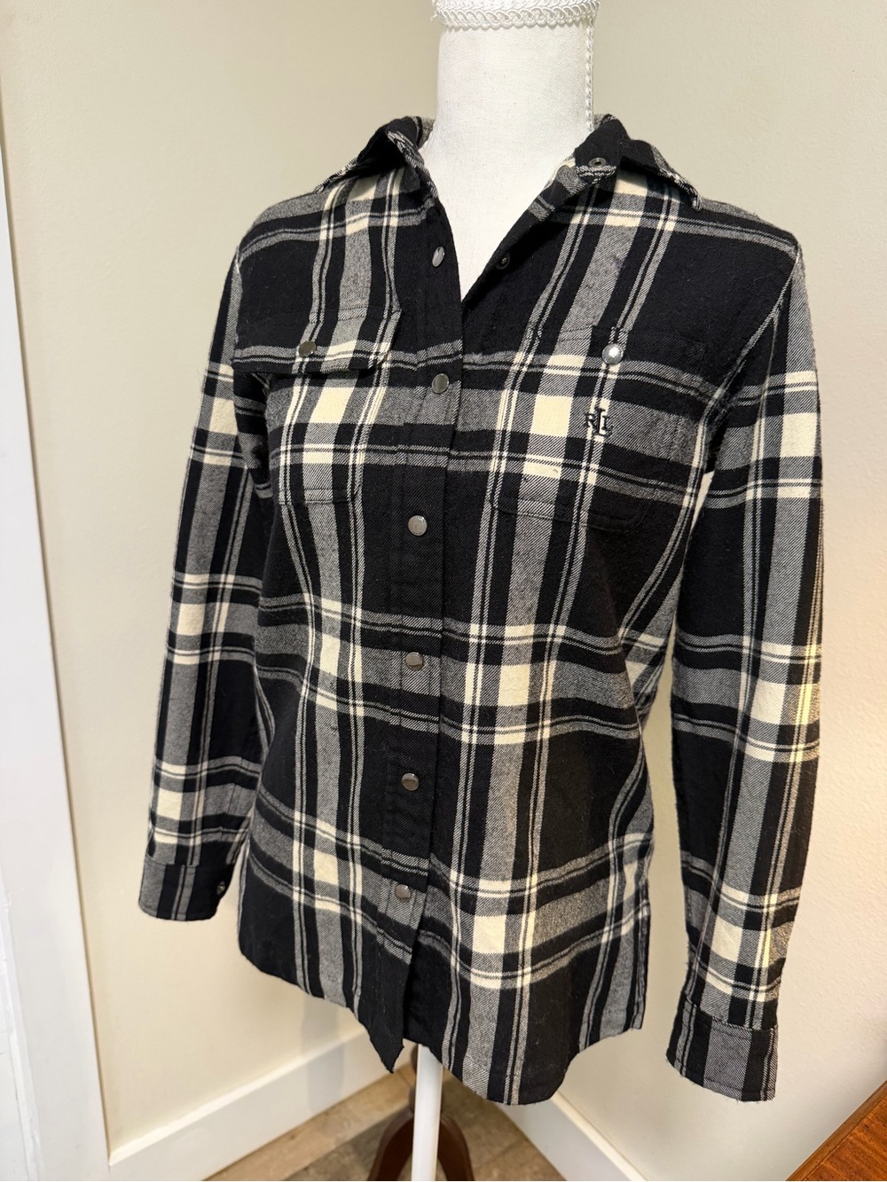Ralph Lauren Black, White & Gray Plaid Button-Down Shirt 100% Wool Warm Fall